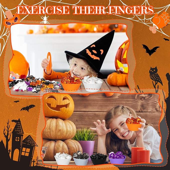 Jenaai 154 Pcs Halloween Sensory Bin Fillers Fine Motor Toys Sorting Games | Halloween Sensory Bin Counting Items, 2 Kids Tweezers 140 Spider Bat Skull Vase Fillers, 10 Sorting Cups 2 Scissor Clips