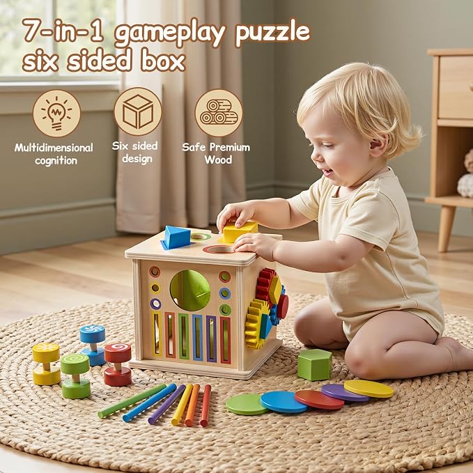 TOMMYHOME Wooden Montessori Multifunctional Sensory Box 8-in-1,Help Children Improve Their Arithmetic Skills and Color Recognition abilities.Coin Box