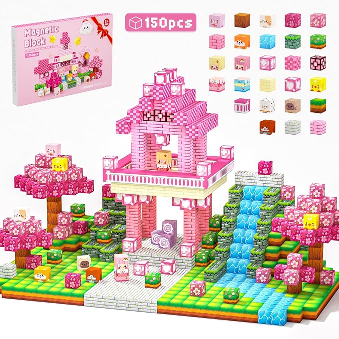 Magnetic Building Blocks STEM Toy Magnet Cubes for Kids 4-12 | Magnetic Cubes, 0.8 inches Building Blocks, Christmas Birthday Gifts for Kids Boys Girls Pink Castle-150pcs
