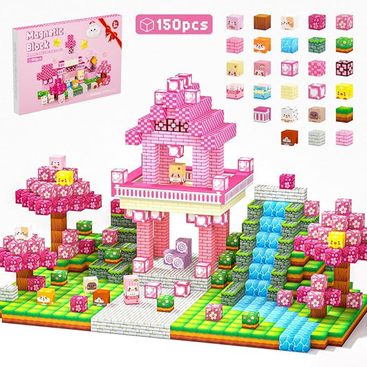 Magnetic Building Blocks STEM Toy Magnet Cubes for Kids 4-12 | Magnetic Cubes, 0.8 inches Building Blocks, Christmas Birthday Gifts for Kids Boys Girls Pink Castle-150pcs