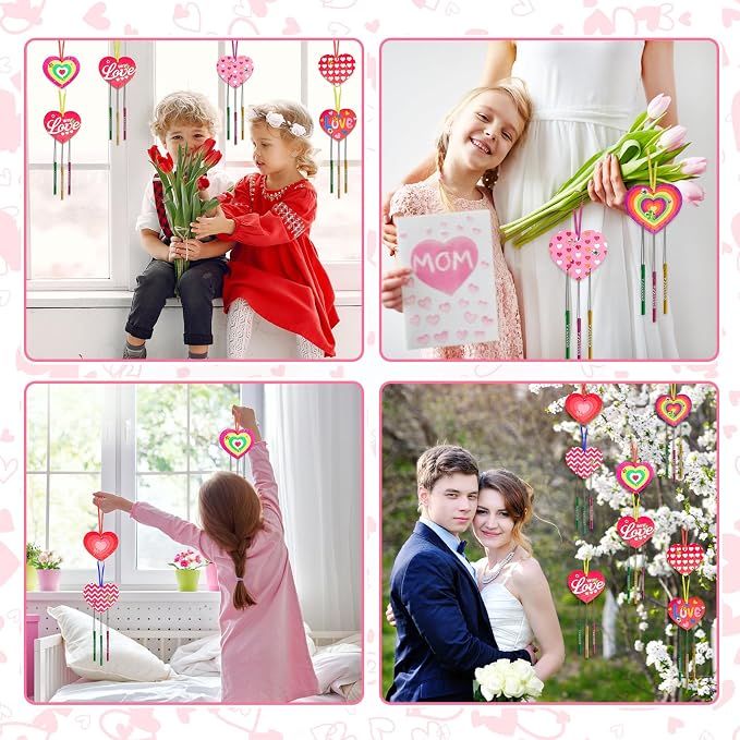 Fennoral 27 Pack Heart Wind Chime Kit for Kids Make You Own Double Side Wind Chimes DIY Colorful Wooden Art and Craft for Kids Mother's Day Party Decoration Mom's Birthday Gift from Kids