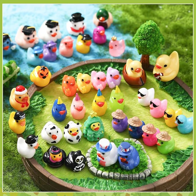 40 Pack Multicolor Mini Resin Ducks, Novelty Holiday Ducks | Tiny Ducks to Hide, Little Ducks Party Favor for Birthday, Graduation, Independence Day, Halloween, Christmas (40 Styles)