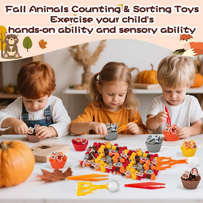 EZdhuawuse Fall Sensory Bin Fillers - 267 Autumn Animals Thanksgiving Fine Motor Toys Sorting Stacking Toys for Kids, Felt Hedgehog Squirrel Turkey for Preschool Education Early Development Activity