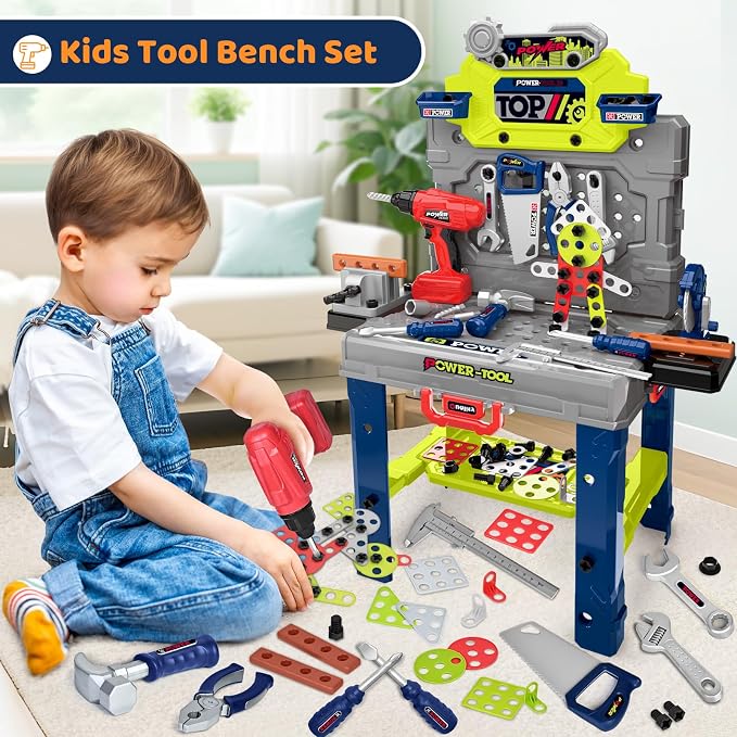 Kids Tool Bench with Electric Drill, Toddler Tool Set for Boys Ages 3-5 6-8 | 132 Pcs Kids Tool Set with Toddler Tool Box & Tool Bench, Christmas Birthday Gifts Toys for Boys Ages 3 4 5 6 7 8+ (Green)