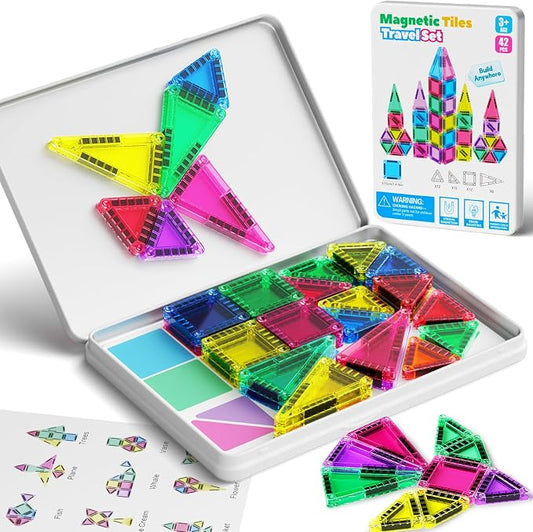 42PCS Mini Magnetic Tiles Travel Set with Iron Storage Box - Portable STEM Building Blocks for Kids 3-8, Montessori Educational Magnet Toys for Airplane, Car Rides & On-The-Go Play | Portable Montessori educational magnetic building tiles for airplane,...