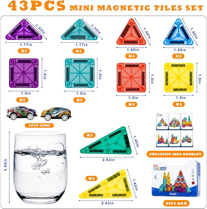 Mini Magnetic Tiles for Kids 43PCS Magnet Tiles Building Travel Toys for Toddlers Magnetiles with Case & Cars STEM Magnets Construction Tile Toy Set Ages 3-6 Boys Girls