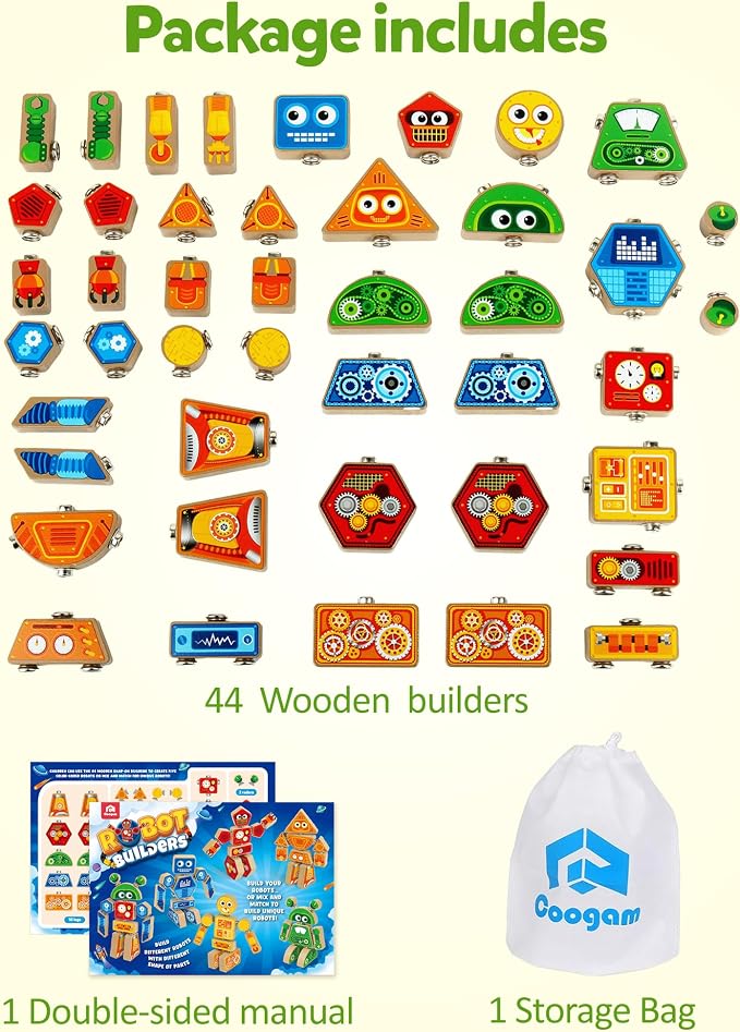 Coogam Snap Together Robot Builders for Toddlers | Wooden Take Apart Robot Build Block Playset, Fine Motor Skill STEM Educational Montessori Toy Gift for 3 4 5 Years Old Kids