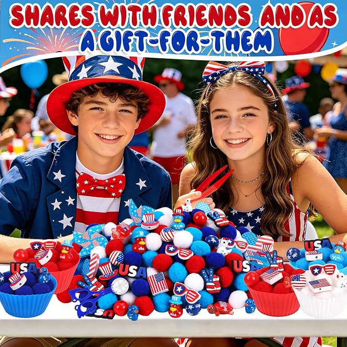 256PCS Independence Day Patriotic Sensory Bin Filler 4th of July Fine Motor Sensory Bin Items Includes Pom Poms Duck Resin for Counting Sorting Training