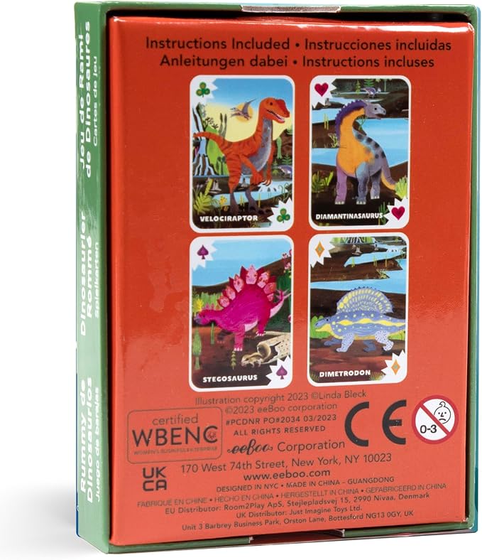 eeBoo Dinosaur Rummy Playing Card Game, 50 Cards, Ages 5+, 3+ Players | Builds strategic thinking & decision-making. Includes 50 laminated, dinosaur themed cards. A kid friendly Gin Rummy variant