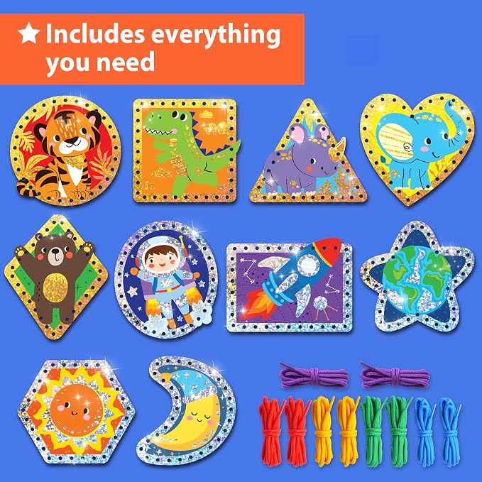 KRAFUN Space & Dino Holographic Lacing Cards Age 3+ |10 Projects | Holographic lacing cards: T-Rex, Astronaut, Rocket, Tiger & Dinosaur. Builds fine motor skills. For boys & girls age 3+
