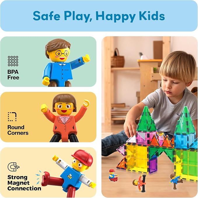 PicassoTiles 4pcs Magnetic Family Action Figures Toddler Magnet Toy Expansion Pack Educational Add-on STEM Learning Kit Toys Pretend Playset for Construction Building Block Tile for Kids Age 3+ PTA01