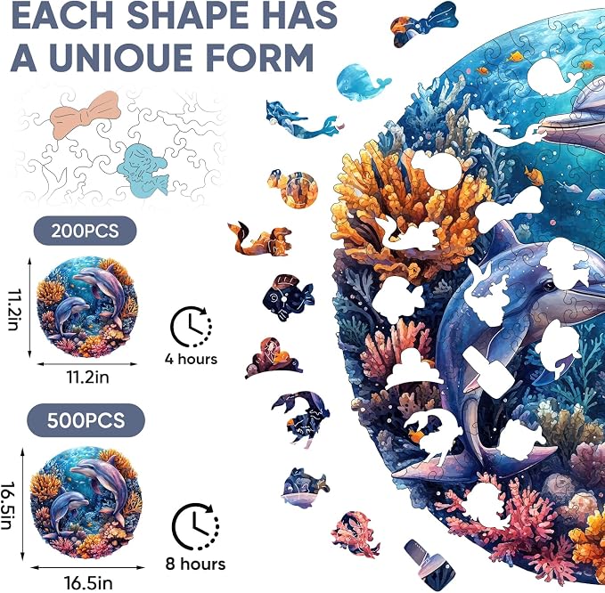 Qiuenisray Wooden Puzzles for Adults 500 Pieces, Dolphins Wood Jigsaw Puzzles, FSC Certified Royal Unique Shape Ocean Adult Puzzles, Irregular Creative Gift for Family Game 16.5 x 16.5 in