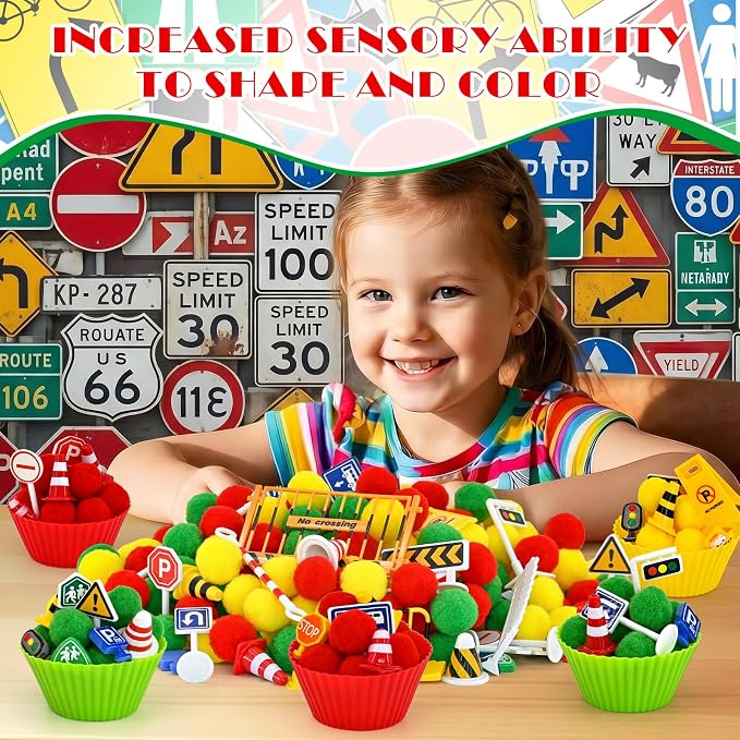 143 Pcs Traffic Sensory Bin Items Traffic Light Stop Sign Traffic Cones Parking Sign Crosswalk Counting Sorting Sensory Bin Filler Fine Motor Traffic-Themed Counts for Summer Counting Sorting