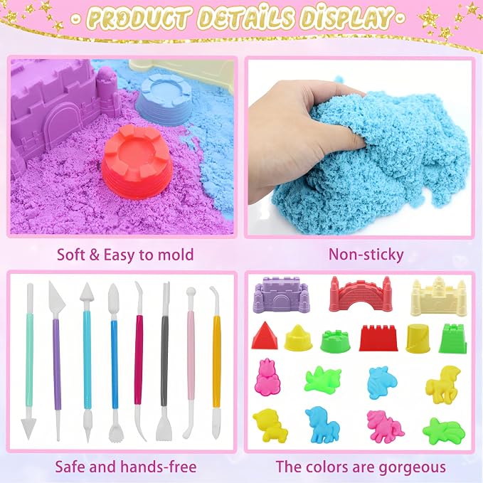 Unicorn Sensory Bin Sand Kit - 155 Pcs with 2.2lbs Sand, 9 Castle & 8 Unicorn Molds, 12 Tools, Tactile Sensory Fillers for Girls Age 4-9 Gifts