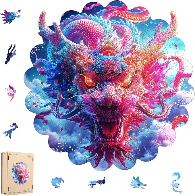 MEATRN Dragon Wooden Puzzles for Adults, Wooden Jigsaw Puzzles, 519 Pcs | Oriental Mythology Kirin Luxury Wood Wall Decorative for Collectors, Unique Gift & Home Decor, 16.9x16.9 in