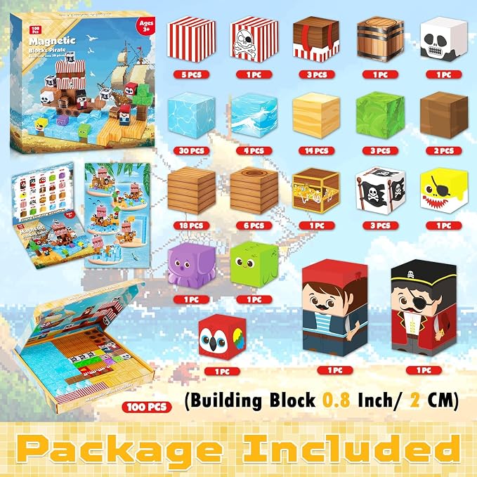 ToyUnited Magnetic Blocks - 100PCS Build Pirate-Ship World Set | Magnetic Building Cube Stacking, STEM Montessori Sensory Toys for Kids Boys Girls Ages 3 4 5 6 7 8 9 10 Easter Birthday Gifts