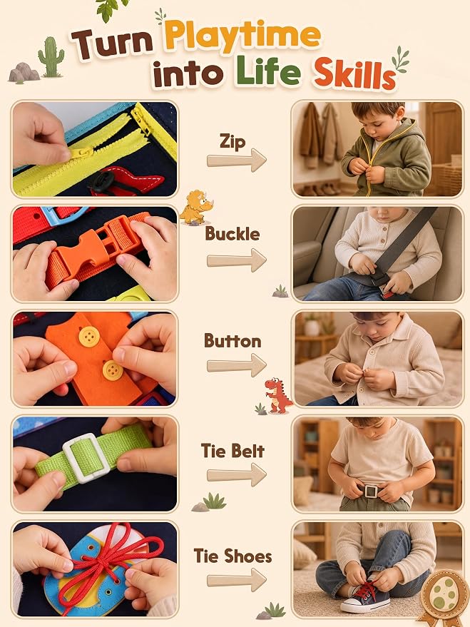 GONINO Busy Book Montessori Toys for Boys, Dinosaur Felt Busy Board | Quiet Activity Book, Preschool Learning Sensory Toys, Fine Motor Skills, Travel Toy for Airplane Car, Boys Birthday Gifts 3+