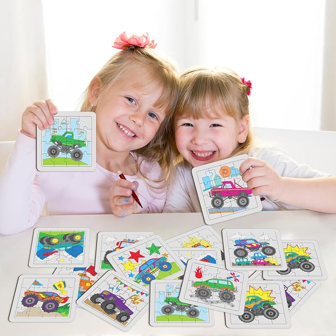 Cinrobiye 24 PCS Monster Truck Coloring Puzzle Craft Kit for Kids, DIY Race Car Jigsaw Puzzles Bulk with 12 Designs, Truck Birthday Party Favors, Classroom Art Activities, Game Rewards