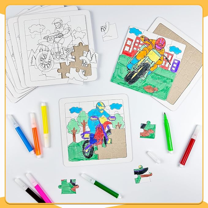 Cinrobiye 24 PCS Dirt Bike Coloring Jigsaw Craft Kit for Kids, DIY Motocross Activity Set Bulk with 12 Designs, Off-Road Motorcycle Birthday Party Favors, Classroom Art Projects