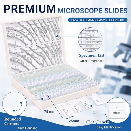 Tellegloww 120 Pcs Microscope Slides with Specimens for Kids & Students | Prepared Slides, Plant, Insect, Animal Tissue, Microorganisms, Biology Slide Set for STEM, Homeschool and Science Lab