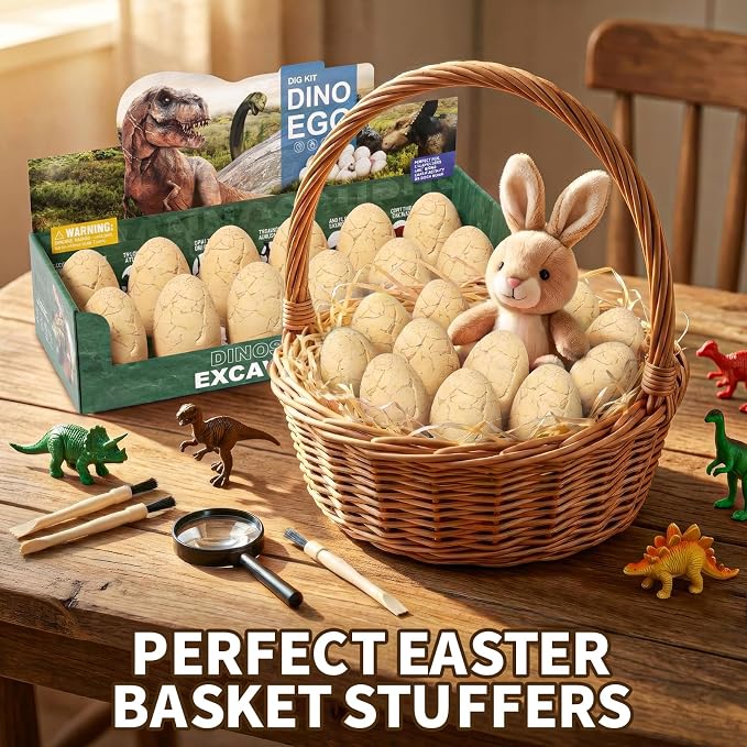 12 Dinosaur Eggs Dig Kit Toys for Kids, Excavation Kit with Magnifier | Easter Basket Stuffers, Science STEM Birthday Party Favors, Gifts for Boys Girls Age 3 4 5 6 7 8 9 10 + Years Old
