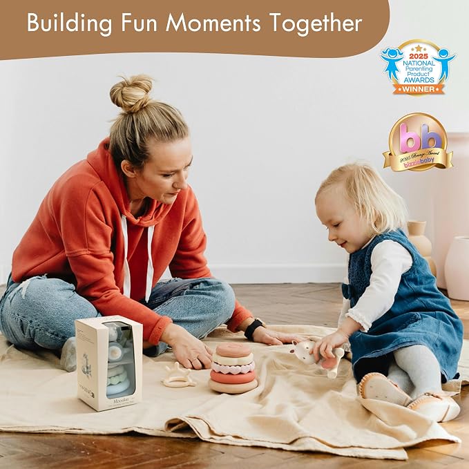 Moonkie Dinosaur Baby Stacking Toys | 7-Piece Silicone Rings for Teething Relief | Educational Toy for Infants & Toddlers 6 Months+ | Baby Shower or Birthday Gift for Boys