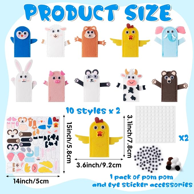 COcnny Animal Finger Puppets Crafts - 20pcs DIY Farm Felt Hand Puppet Making Kit for Kids, Make Your Own Art Fingers Story Telling Toy, Animals Role Play for Boys Girls Toddles School Birthday