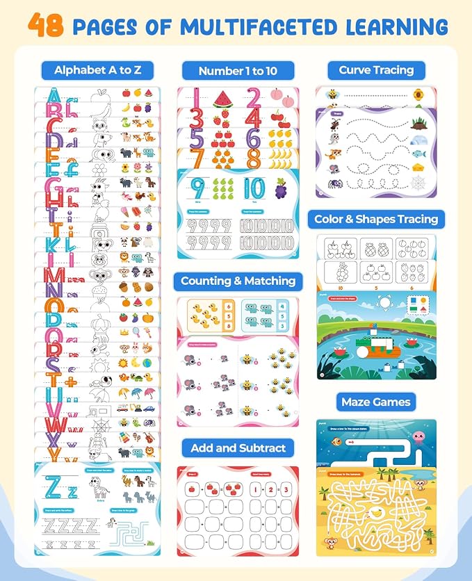 JoyCat Preschool Learning Activities 48 Reusable Pages for 3-8 | Handwriting Practice for Kids Toddlers, Tracing Letter Number Workbooks, Educational Autism Busy Book, Learning Gift Toys