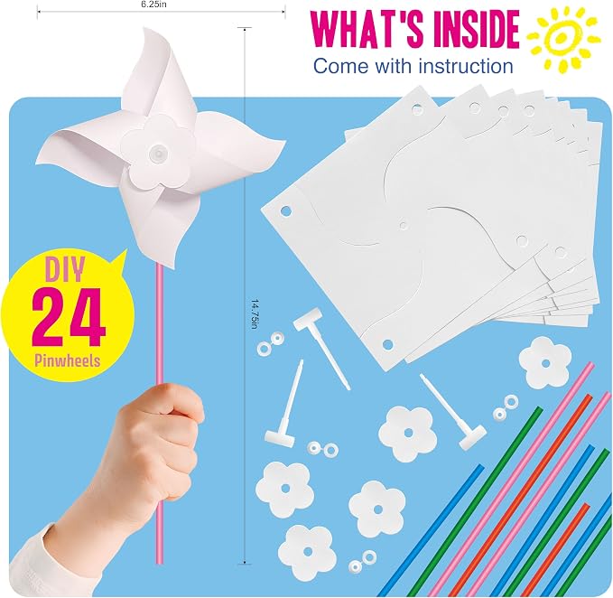 24 Pack DIY Pinwheels Craft for Kids - Summer Spring Crafts for Kids 3-5, 4-6, 4-8 - Fun & Easy Assembly, Bulk STEM Educational Activity for Camp, Sunday School Classroom, Birthday, Party Favor