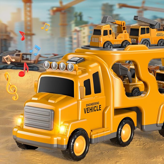 Beby Buty 7 in 1 Construction Trucks Cars for Toddlers 3-5, Boy Toddler Car Truck Toys with Light Sound, Birthday Gifts for 3 4 5 6 Year Old Boy