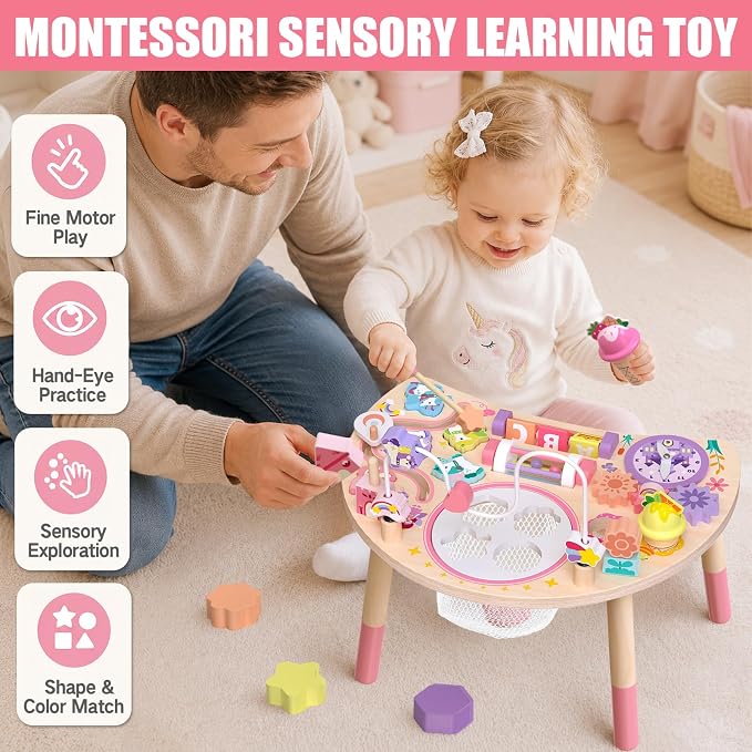 Wooden Activity Table, Montessori Busy Board for Toddlers 1-3 | Unicorn 10-in-1 Sensory Learning Toy with Bead Maze, Shape Matching, Gears, Clock — Birthday Gift for 1 2 3 Year Old Kids