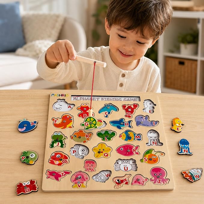 NASHRIO Magnetic Wooden Alphabet Fishing Game for Kids Ages 3-5, ABC Letter Puzzle Board with 26 Sea Animal Pieces, Preschool Learning Fine Motor Toy for Boys Girls 3 4 5