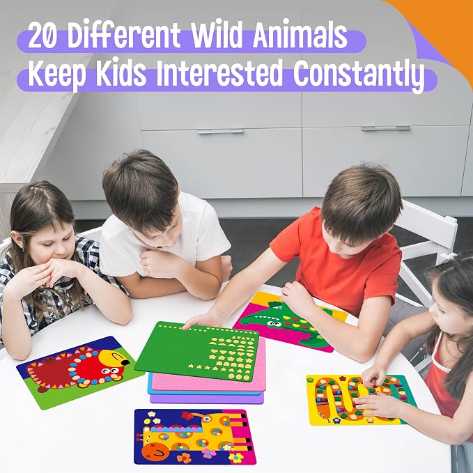 SpriteGru Foam Sticker Art Activity, 20 Wild Animal Art Boards with 1660 Foam Stickers in 10 Colors, Funny DIY Activity Creative Craft Kits Travel Game for Kids, Boys & Girls