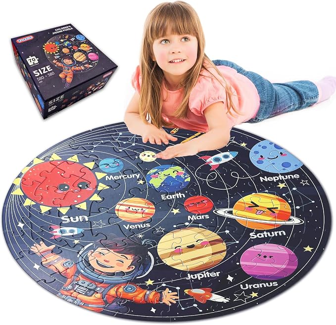 TALGIC Puzzles for Kids Ages 4-6 with Solar System Planets, 70 Piece | Round Kids Floor Puzzles, Educational Toy, Gift for 5 Year Old Boys Girls, Large Jigsaw Puzzles for Kids 3 4 5 6 7 8