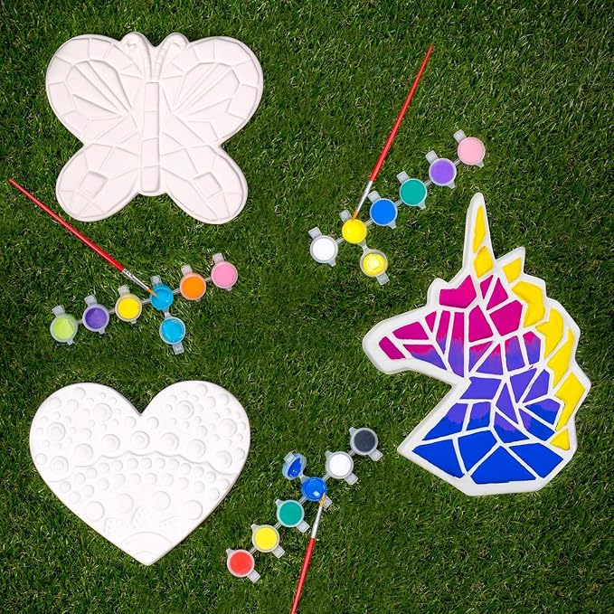 Creative Roots Paint Your Own Stepping Stones Multipack with Butterfly, Unicorn, & Heart, 3 Ceramic Stepping Stones (7 Inch Each), 18 Acrylic Paints, 3 Paintbrushes, Ages 8+