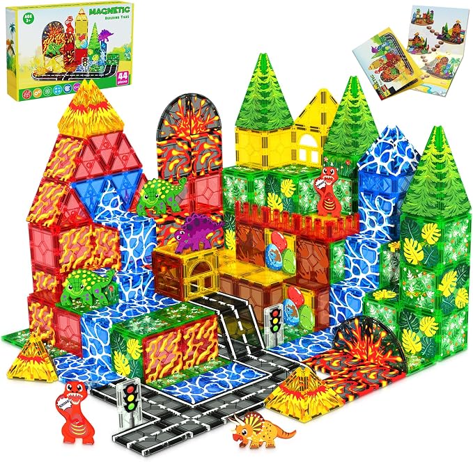 Dinosaur Magnetic Tiles with 4 Dinosaur Toys, Lava Dinosaur World Magnet Tiles for Kids Ages 4-8, Dino Magnetic Building Blocks for Boys Girls Ages 3+, Toddler Sensory Learning Toy Birthday Gifts