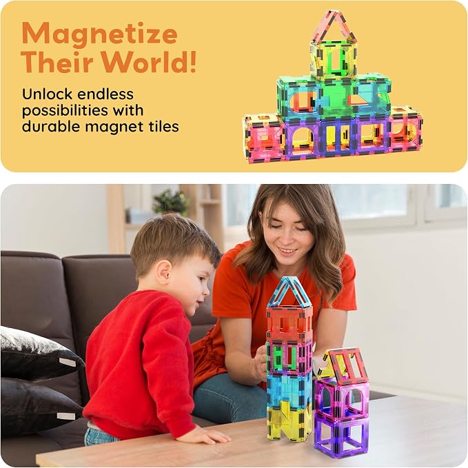 PicassoTiles Magnetic Tiles Building Blocks STEM Toy Set for Kids Ages 3+ | geometric shapes, educational preschool playset, clear window design, ideal starter pack, early brain learning, pretend play