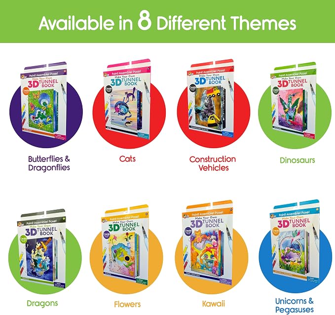 EyeConnect Crafts Dragons Mini 3D Tunnel Book – Hands-on Paper Craft Kit | Build, color & create a pop-in book! Mini animals, watercolor pastels & water brush included. Portable, screen-free fun! 3+