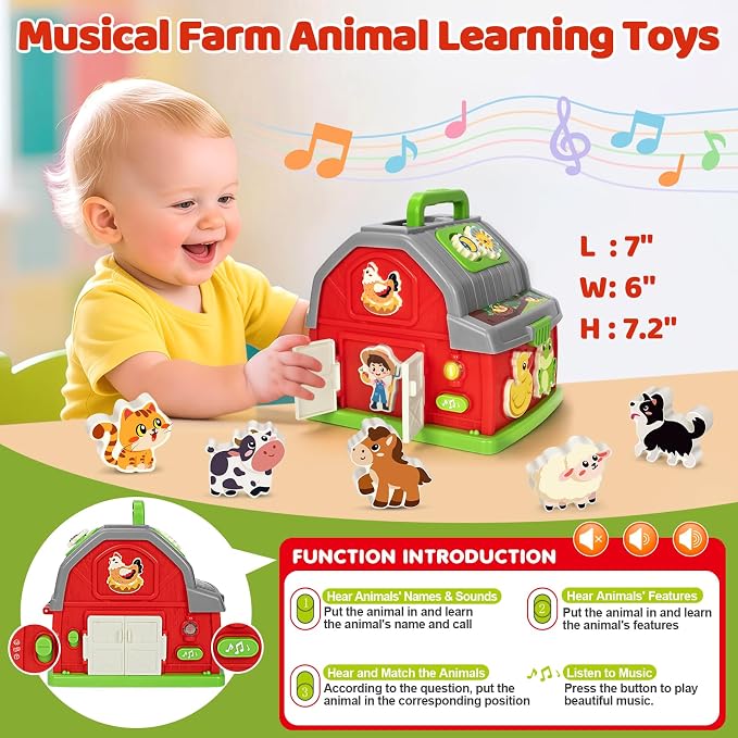Musical Farm Animal Shape Sorting Toy, Toddler Toys for 1 2 3 Year Olds | Montessori Fine Motor Play, Interactive Music and Farm Animals, Early Learning, Christmas Birthday Gifts, Ages 12-18 Months+