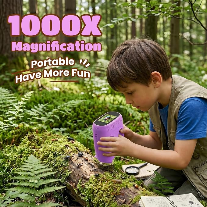 1000X Digital Microscope for Kid Handheld: 2-in-1 Telescope Portable STEM Toy - Birthday Gift for Boy Girl - Science Kits 10X Magnifying Glass for Age 3-8 8-12 USB Gadget Purple