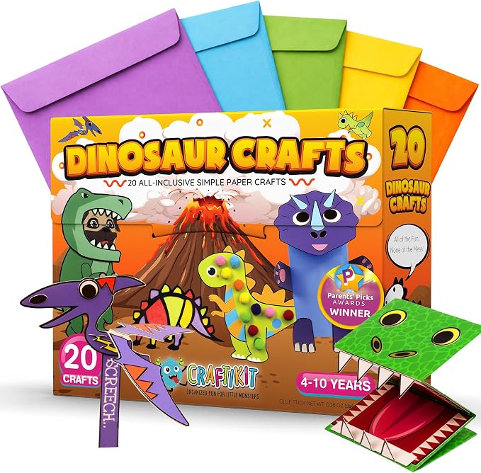Craftikit® 20 Award-Winning Dinosaur Crafts for Kids - All-Inclusive Fun Dinosaur Crafts for Kids Ages 3-10 - Organized Toddler Craft Kit