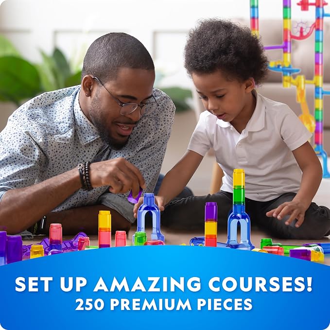 National Geographic Glow Marble Run 250-Piece Building Set for Kids | 50 Glow-in-the-Dark Glass Marbles, 135 Tubes, 55 Action Pieces, 10 Bases, Marble Maze, STEM Physics Toy, Storage Bag