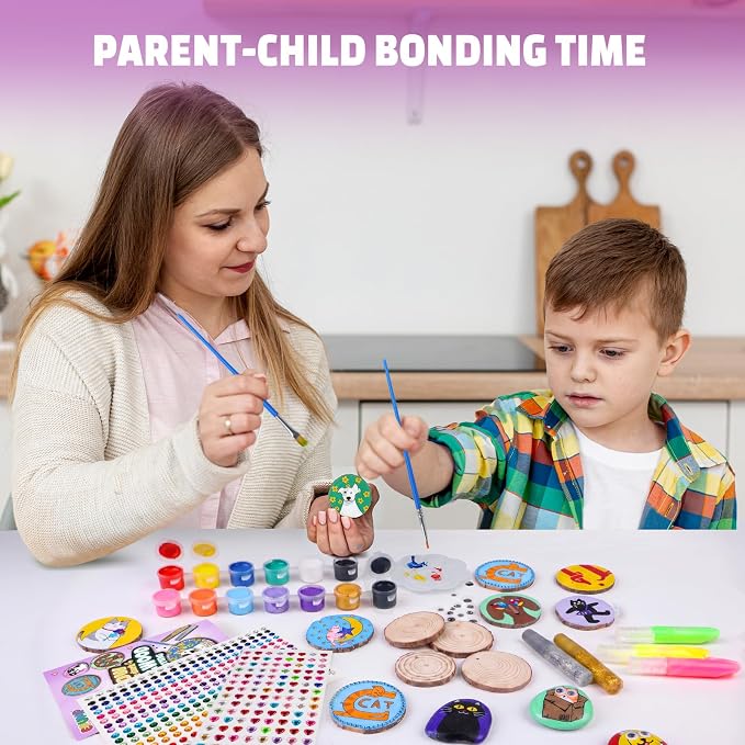 Rock & Wood Painting Kit for Kids Creative Arts & Crafts Set for Boys Girls | Paint wooden shapes and rocks with vibrant colors to create beautiful crafts, Perfect for birthdays classrooms and family fun