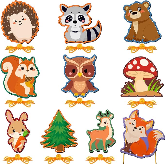 Pajean 10 Pcs Kids Lacing Cards Double Sided Animal Sewing Cards Kits 10 Styles Lacing Toy Crafts for Toddler Ages 6+ Developing Imagination Preschool Learning Activity Supplies(Forest Animals Style)