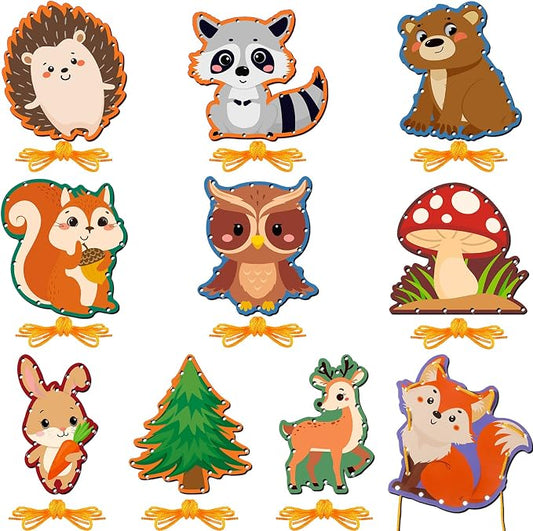 Pajean 10 Pcs Kids Lacing Cards Double Sided Animal Sewing Cards Kits 10 Styles Lacing Toy Crafts for Toddler Ages 6+ Developing Imagination Preschool Learning Activity Supplies(Forest Animals Style)