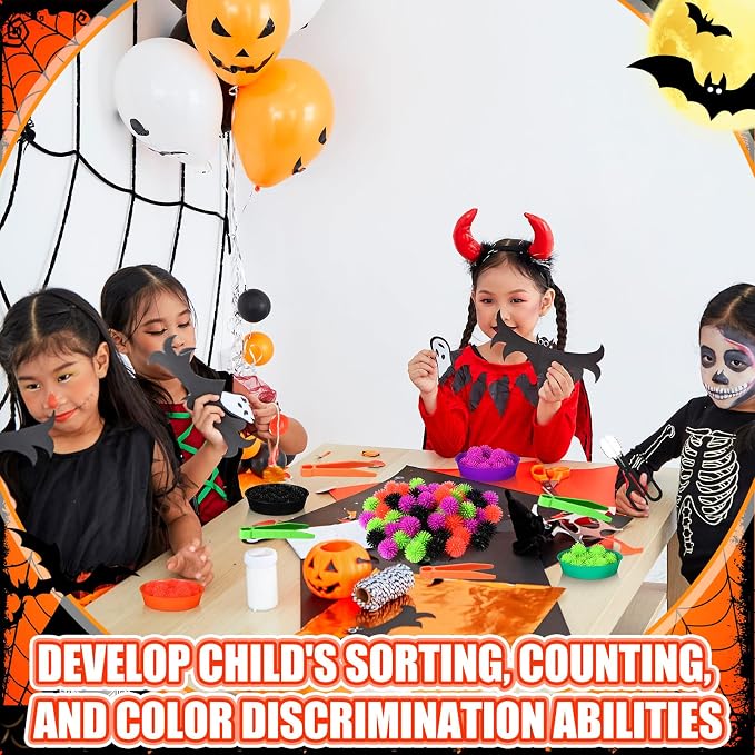 Leitee 71 Pcs Sensory Bin Filler,Black,Halloween | Hedge Balls Tweezers Clips Cups, Fine Skills Toys Set for Kids Counting Sorting, Sensory Bin Tools Preschool Learning