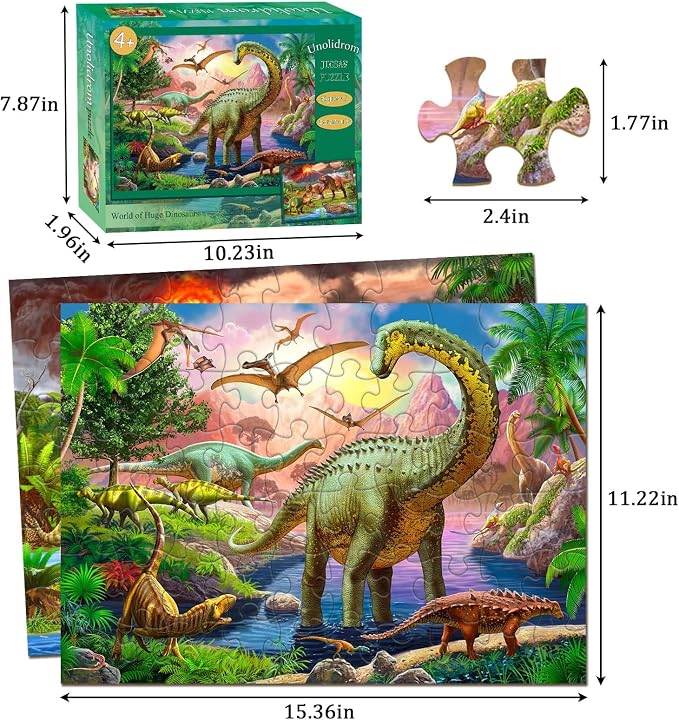 Puzzles for Kids Ages 4-6 – 2 x 60 Pieces World of Huge Dinosaurs | Puzzles for Kids Ages 3-5 6-8, Educational Learning Dinosaurs Toys, Gift for Boys and Girls