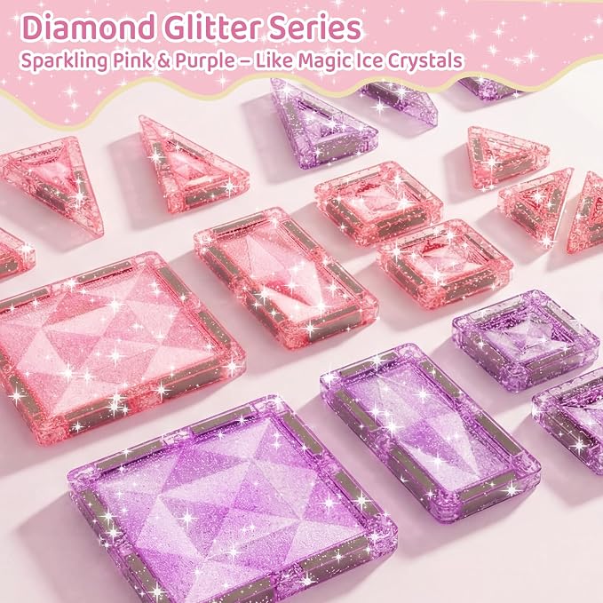 burgkidz Sparkling Glitter Magnetic Tiles: Castle Gift for Girls 3-8 | 42pcs pink-purple glitter, gift-ready tin, BPA-free, ASTM safe, strong magnets, 120min quiet, castle toy for girls 3-8