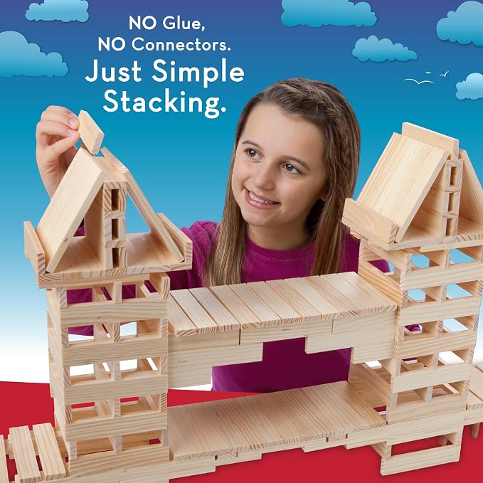 MindWare KEVA Structures 600 Plank Wooden Building Blocks Set, Includes 600 Pine KEVA Planks, 30 Idea Cards and Collapsible Storage Bin