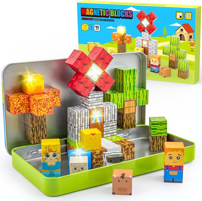 Magnetic Blocks 45 PCS Mini Travel Building Blocks with Iron Case Farm | Travel Toy for Airplane Plane Car Road Trip, STEM Learning Portable Building Toys Boys & Girl, Gift for Toddler Kids Ages 3-5